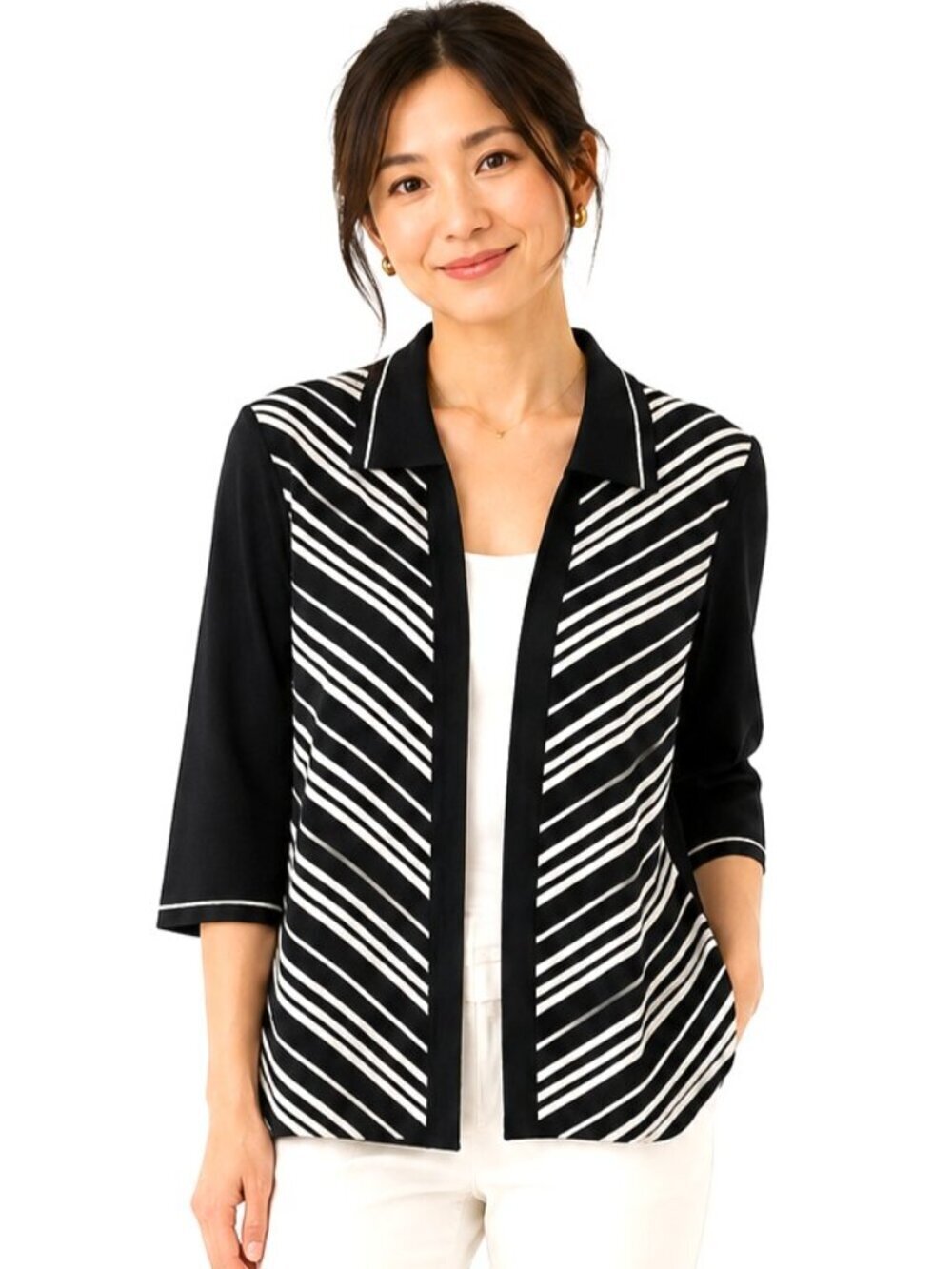 Misook Petite Black White Diagonal Stripe Knit Cardigan